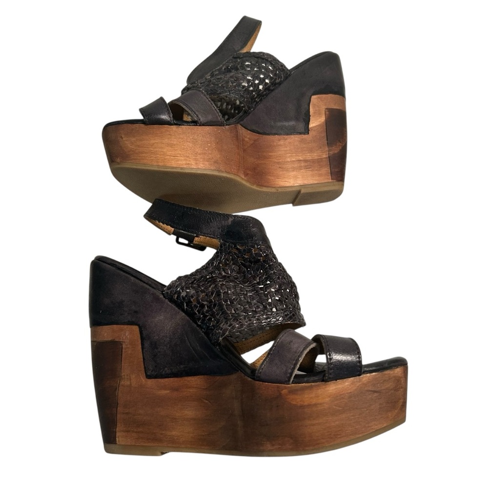 Bed Stu Petra Black Weaved Leather Distressed Wedge Sandal Size 7 Boho Chunky - Picture 2 of 12